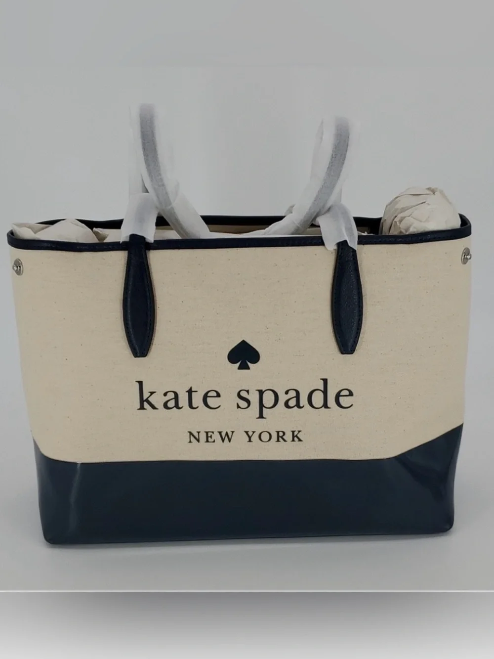 NWT kate spade Cream and Navy Canvas Tote with Logo